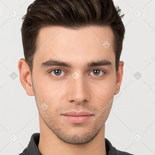 Neutral white young-adult male with short  brown hair and brown eyes