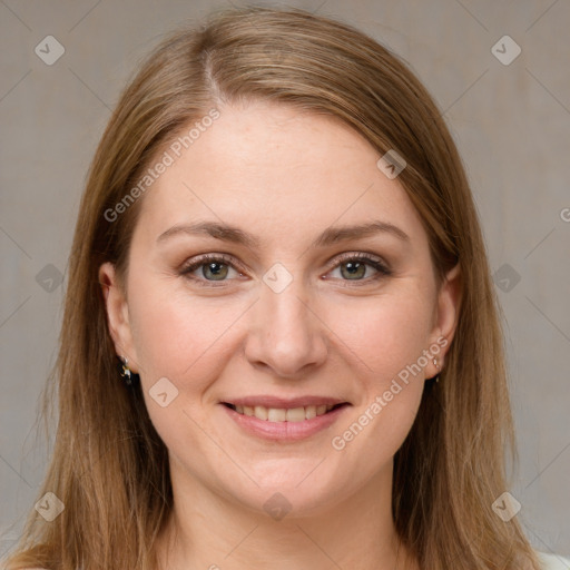 Joyful white young-adult female with long  brown hair and grey eyes