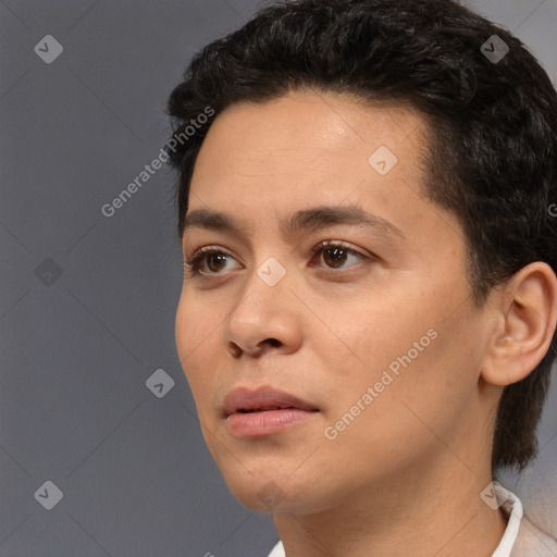 Neutral white young-adult male with short  black hair and brown eyes