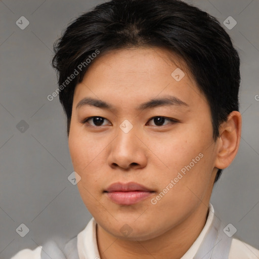 Joyful asian young-adult female with short  brown hair and brown eyes