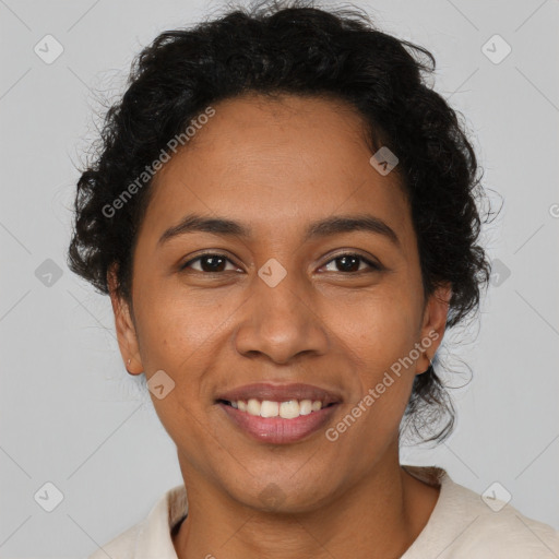 Joyful latino young-adult female with short  brown hair and brown eyes