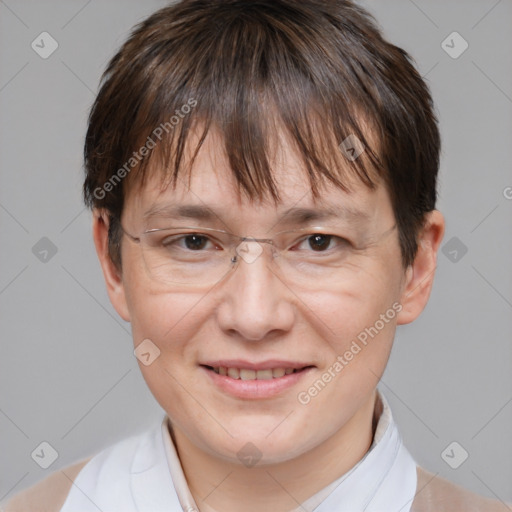 Joyful white adult female with short  brown hair and brown eyes