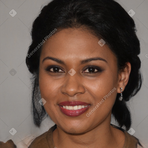 Joyful black young-adult female with medium  brown hair and brown eyes