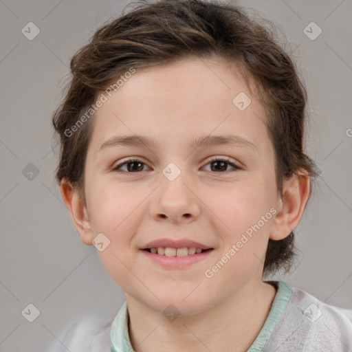 Joyful white child female with medium  brown hair and brown eyes