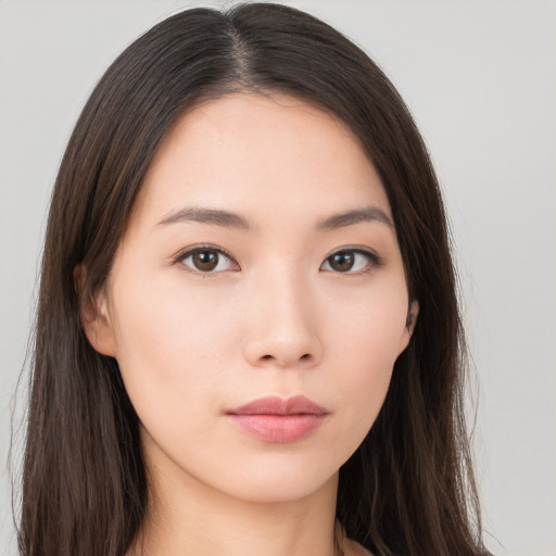 Neutral asian young-adult female with long  brown hair and brown eyes