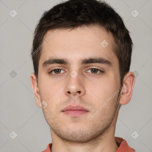 Neutral white young-adult male with short  brown hair and brown eyes