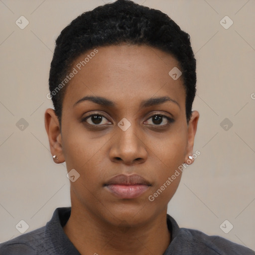 Neutral black young-adult female with short  black hair and brown eyes