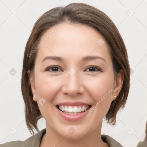 Joyful white young-adult female with medium  brown hair and grey eyes