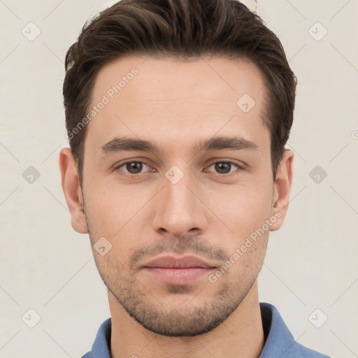 Neutral white young-adult male with short  brown hair and brown eyes