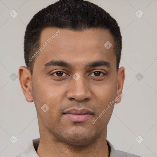 Neutral latino young-adult male with short  black hair and brown eyes