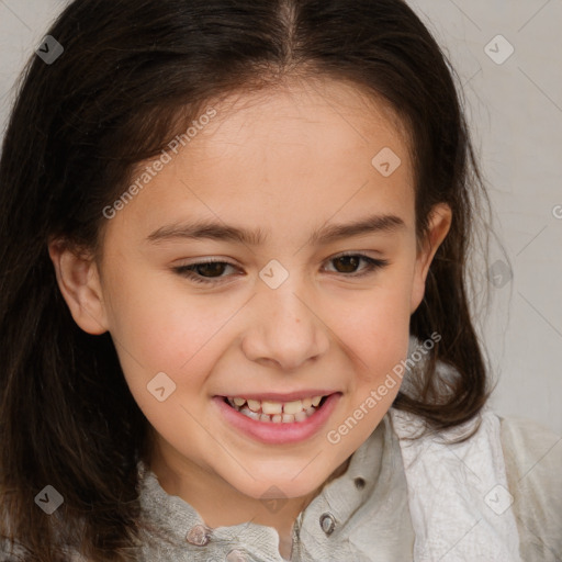 Joyful white child female with medium  brown hair and brown eyes