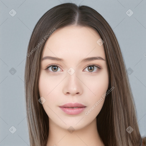 Neutral white young-adult female with long  brown hair and brown eyes