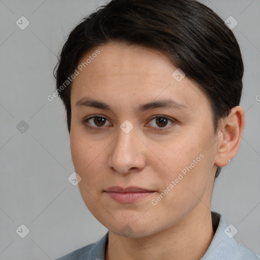 Joyful white young-adult female with short  brown hair and brown eyes