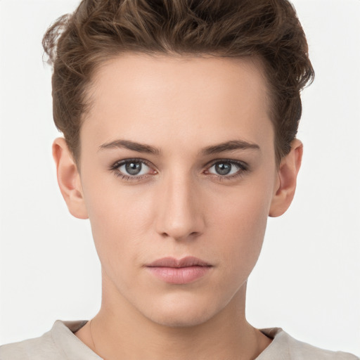 Neutral white young-adult female with short  brown hair and brown eyes