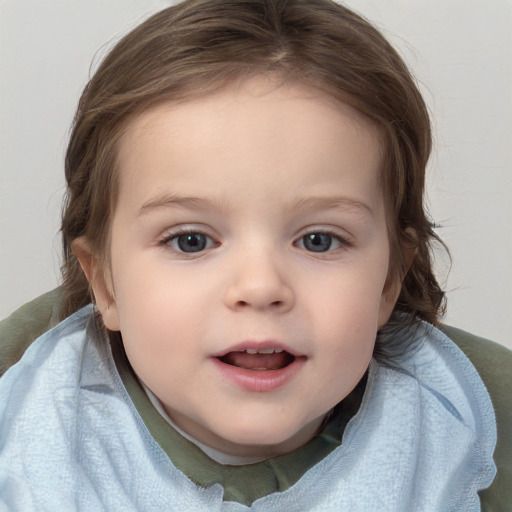 Joyful white child female with medium  brown hair and blue eyes