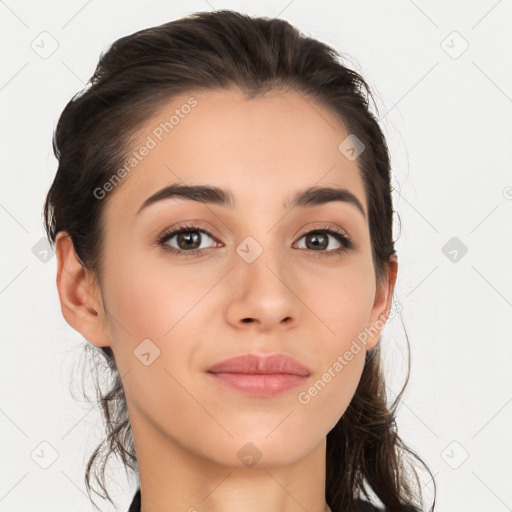 Neutral white young-adult female with long  brown hair and brown eyes