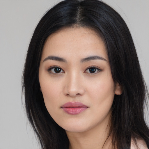 Neutral asian young-adult female with long  black hair and brown eyes
