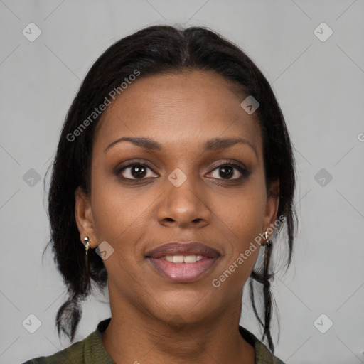 Joyful black young-adult female with medium  brown hair and brown eyes