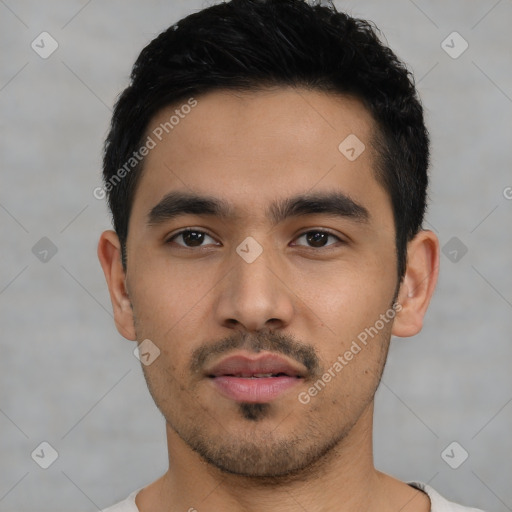 Neutral latino young-adult male with short  black hair and brown eyes