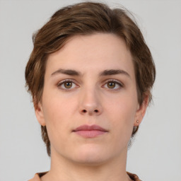 Neutral white young-adult female with medium  brown hair and brown eyes