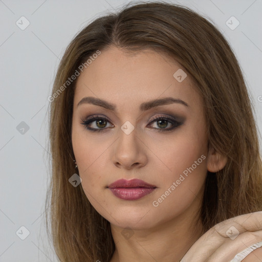 Neutral white young-adult female with long  brown hair and brown eyes