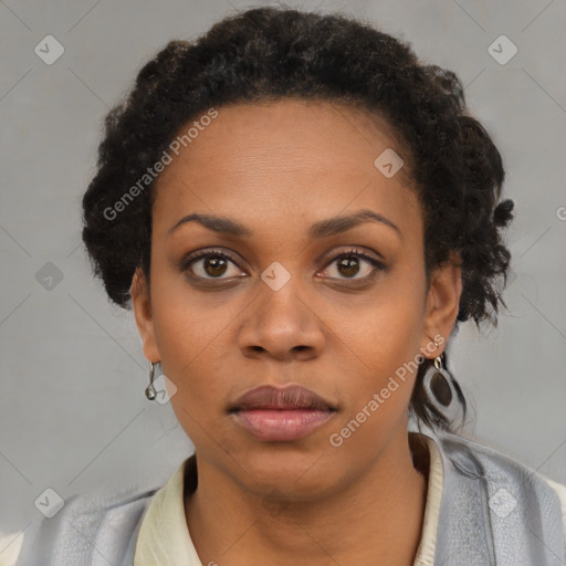 Neutral black young-adult female with short  brown hair and brown eyes