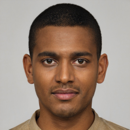 Neutral black young-adult male with short  black hair and brown eyes