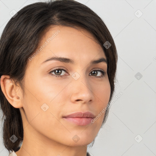 Neutral white young-adult female with medium  brown hair and brown eyes