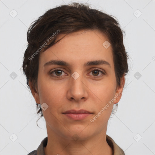 Neutral white young-adult female with short  brown hair and brown eyes