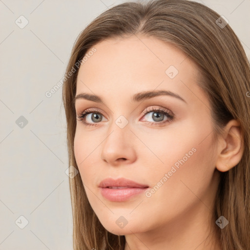 Neutral white young-adult female with long  brown hair and grey eyes