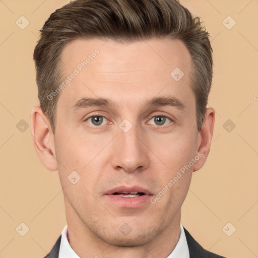 Neutral white adult male with short  brown hair and brown eyes