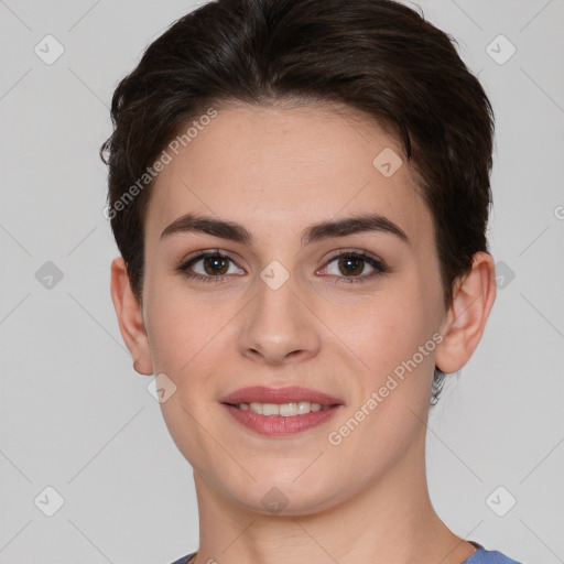 Joyful white young-adult female with short  brown hair and brown eyes