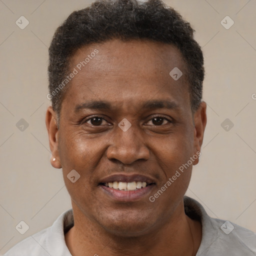 Joyful black adult male with short  brown hair and brown eyes