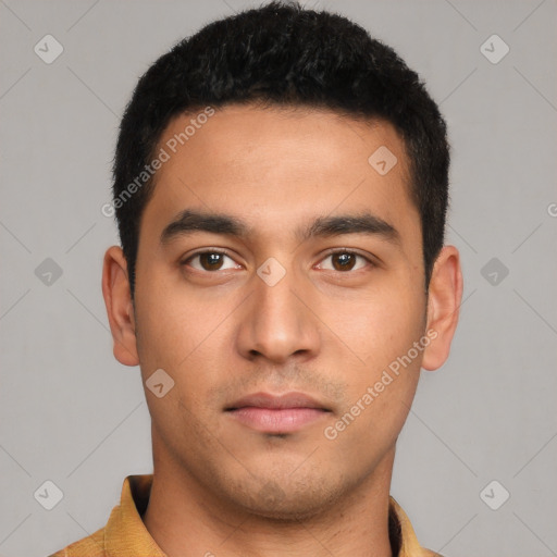 Neutral latino young-adult male with short  black hair and brown eyes