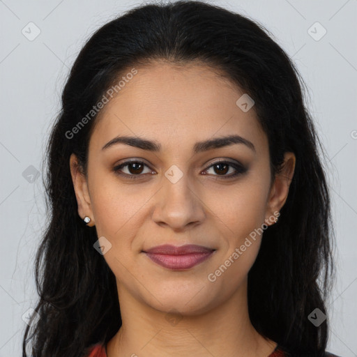 Joyful latino young-adult female with long  brown hair and brown eyes