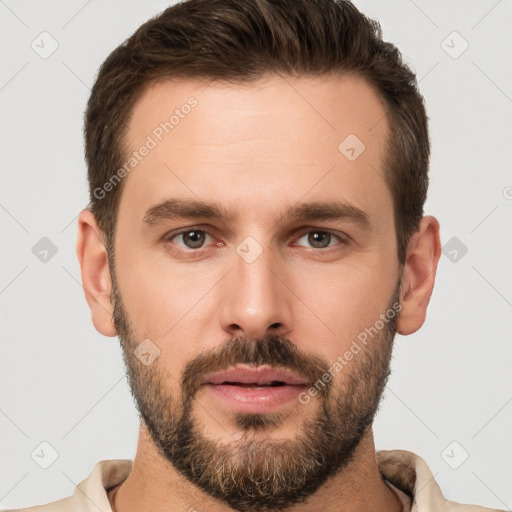 Neutral white young-adult male with short  brown hair and brown eyes