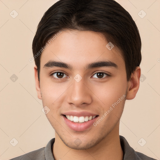 Joyful white young-adult male with short  brown hair and brown eyes