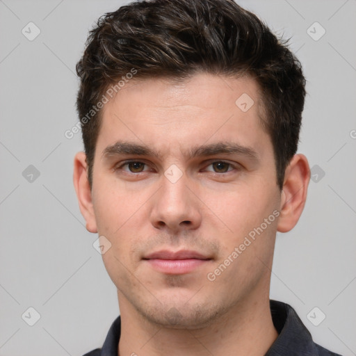 Neutral white young-adult male with short  brown hair and grey eyes