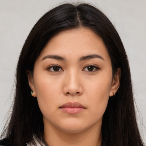 Neutral asian young-adult female with long  brown hair and brown eyes