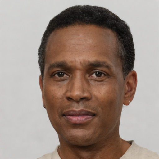 Neutral latino adult male with short  black hair and brown eyes