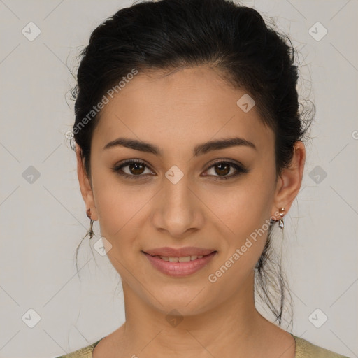 Joyful latino young-adult female with medium  brown hair and brown eyes