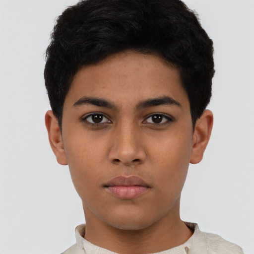 Neutral latino young-adult female with short  black hair and brown eyes