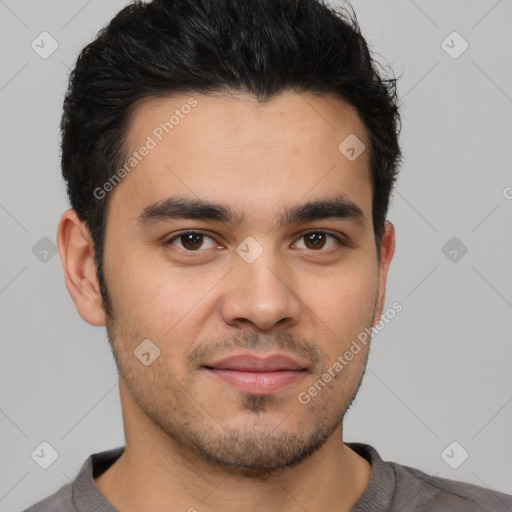 Joyful white young-adult male with short  black hair and brown eyes