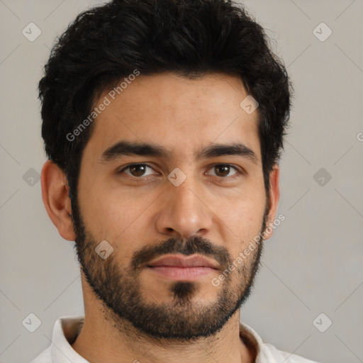 Neutral latino young-adult male with short  black hair and brown eyes