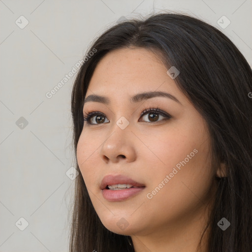 Neutral asian young-adult female with long  brown hair and brown eyes