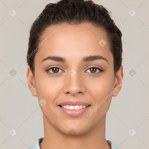 Joyful white young-adult female with short  brown hair and brown eyes