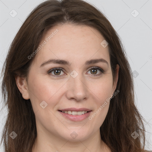 Joyful white young-adult female with long  brown hair and grey eyes