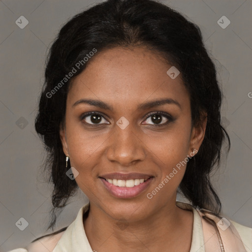 Joyful black young-adult female with medium  brown hair and brown eyes