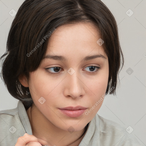 Neutral white young-adult female with medium  brown hair and brown eyes