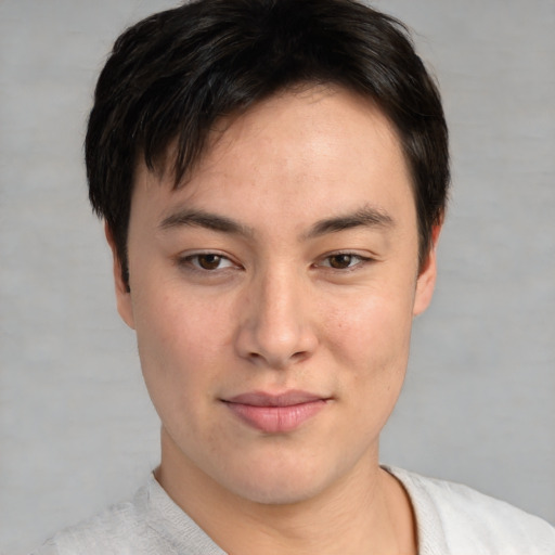 Joyful asian young-adult female with short  brown hair and brown eyes